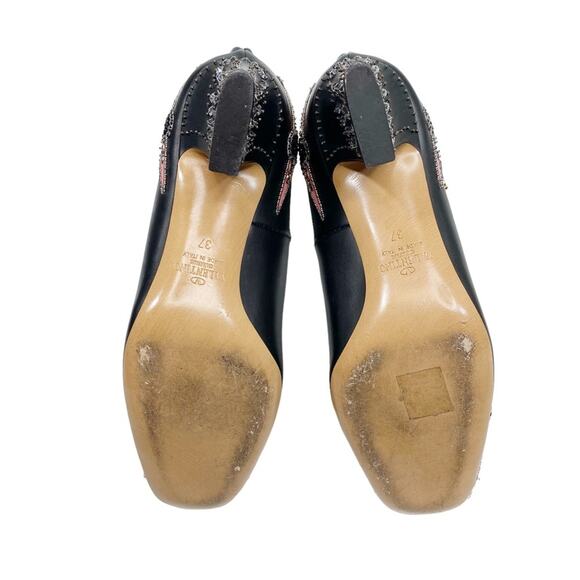 VALENTINO Love Blade Black Leather Crystal Beaded Heart Ankle Wrap Heels - Picture 6 of 11